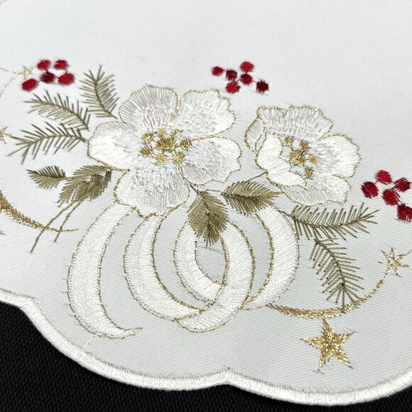 German Embroidered Christmas Flowers Table Runner Mat 11x18 Metallic Gold Thread - Picture 3 of 5